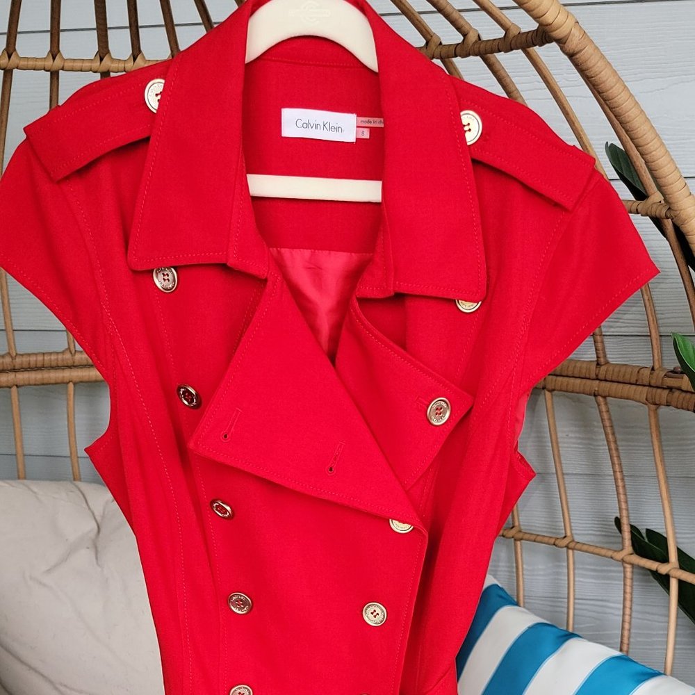 Calvin Klein Double Breasted Ferrari Red Shirt Dress with Bold Gold Buttons